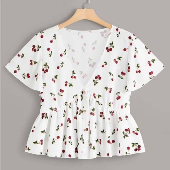 SHEIN Tops - Cherry print ruffle hem blouse